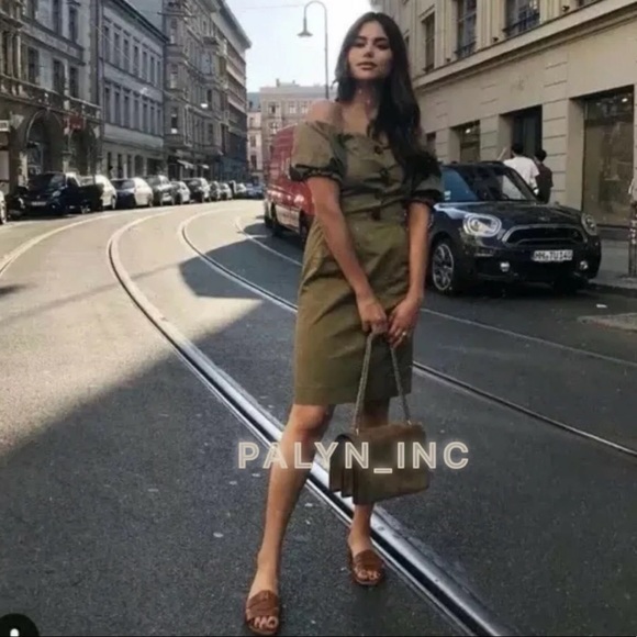 ❤️NWT ZARA KHAKI OFF-THE-SHOULDER MIDI DRESS - Picture 9 of 14
